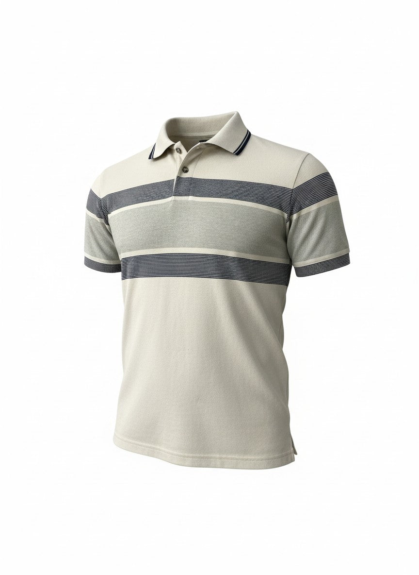 Men’s Premium Beige Striped Polo T-Shirt – Smart Casual Cotton Tee