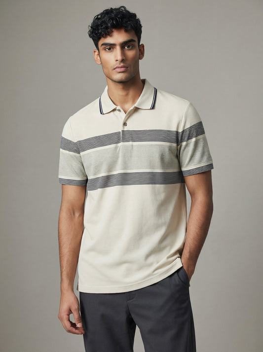 Men’s Premium Beige Striped Polo T-Shirt – Smart Casual Cotton Tee