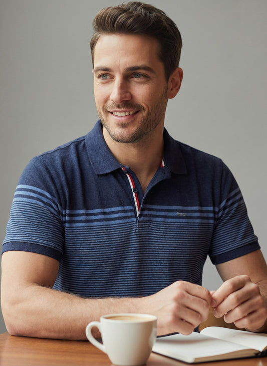 Men’s Navy Blue Striped Polo T-Shirt – Premium Smart Casual Cotton Tee