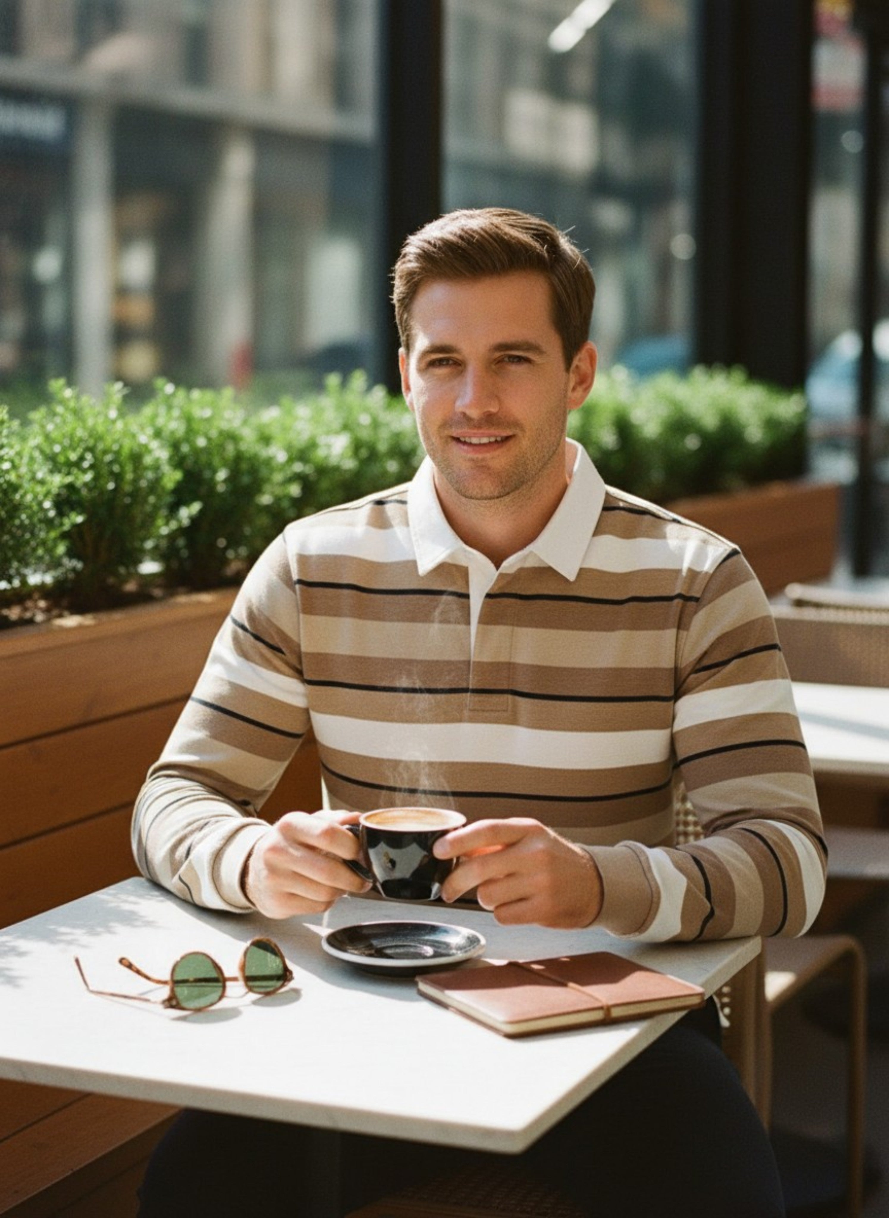 Men’s Striped Long Sleeve Polo Shirt – Classic Soft Cotton Polo brown